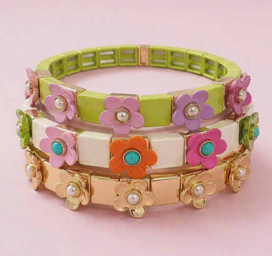 Floral Enamel Stretch Bracelet - Poppy