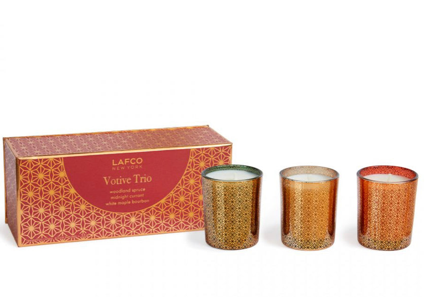 Votive Trio Midnight Currant, Woodland Spruce & White Maple Bourbon