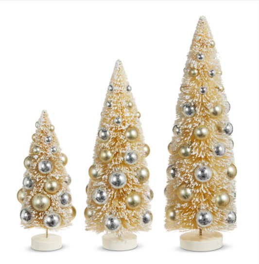 Snowy Bottle Brush Trees with Ornaments