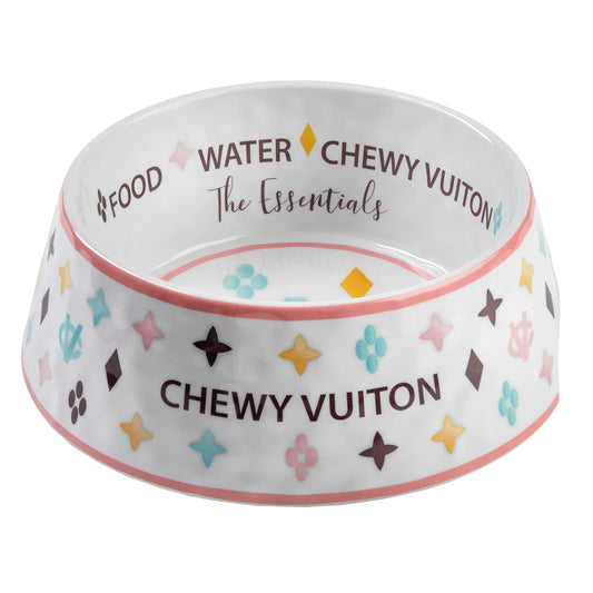 White Chewy Vuiton Dog Bowl- Large