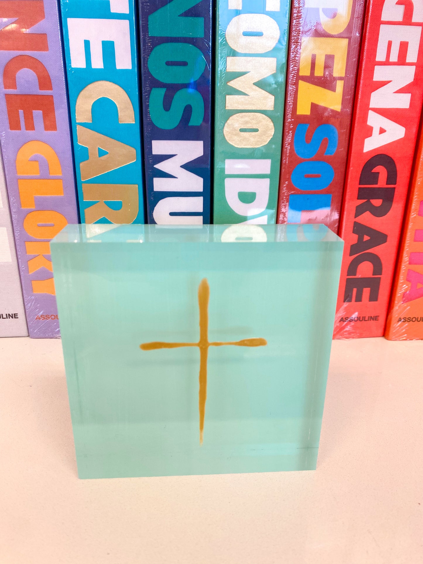 Acrylic Block Cross- Aqua