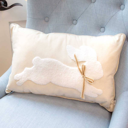 Leaping Bunny Embroidered Lumbar Pillow Soft White/White 13x20