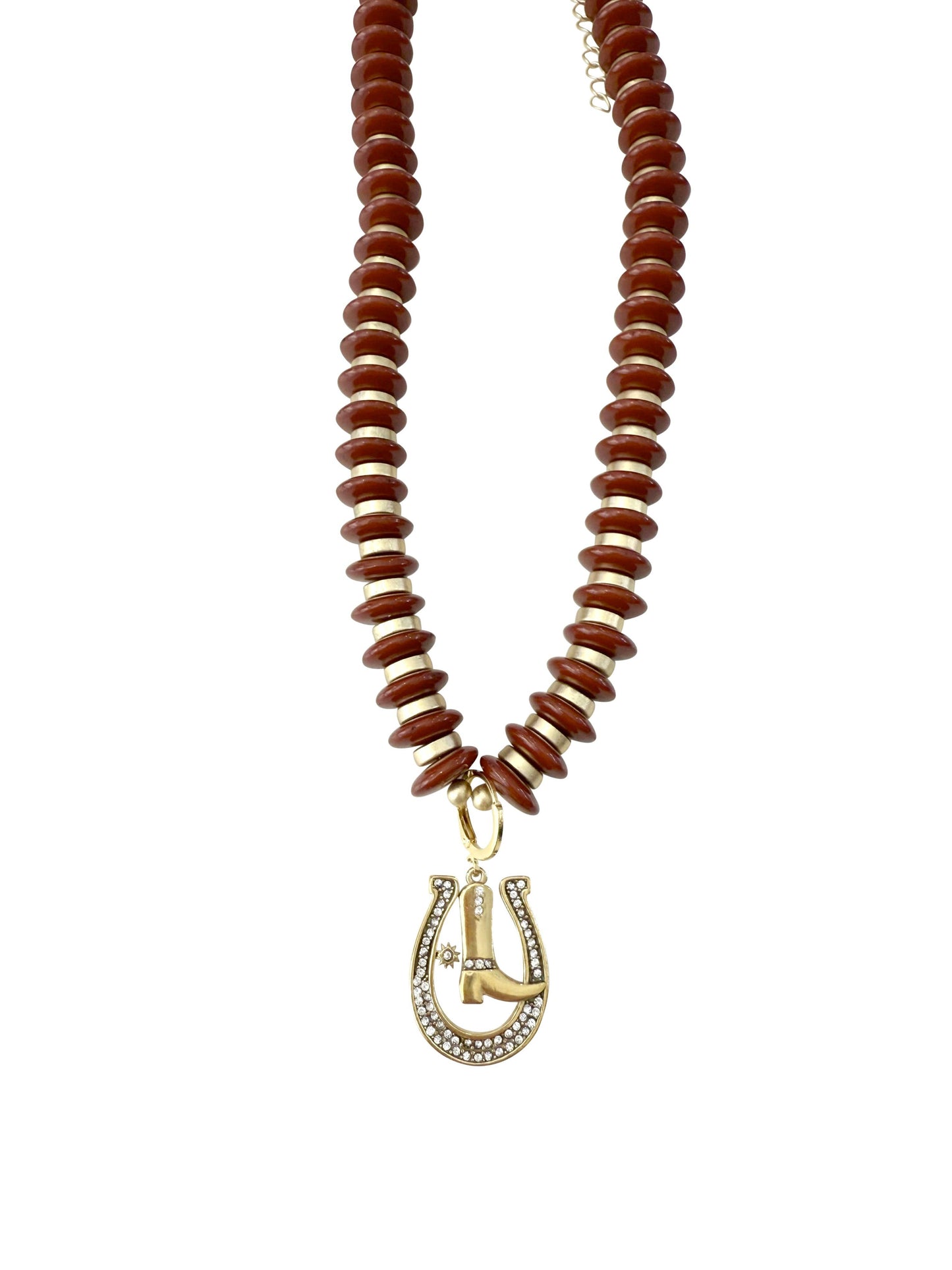 Leni Brown Beaded Necklace with Horseshoe and Boot Charm