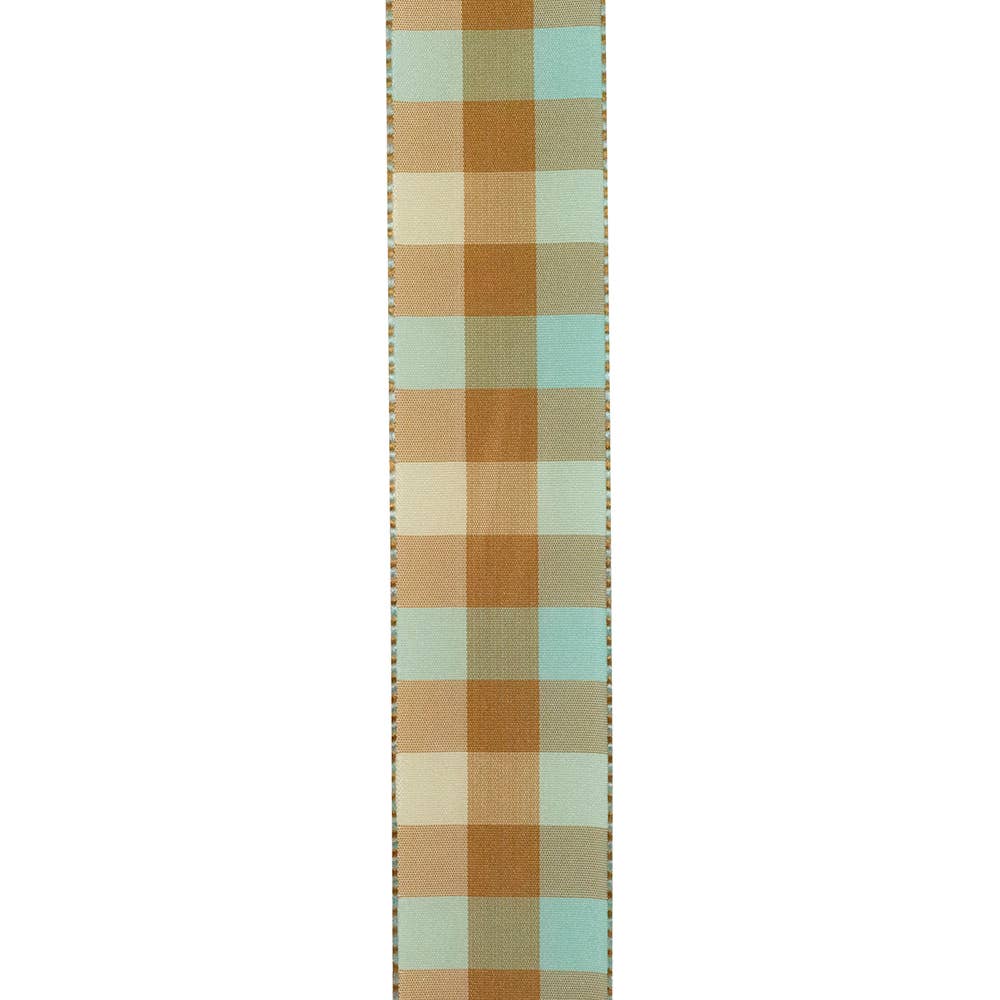 Plaid Leon Ticking Wired Edge, Aqua, 1-1/2 In, 25 Yards