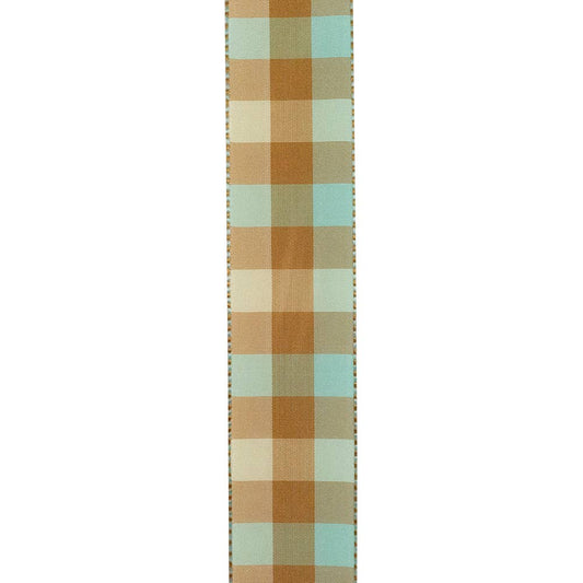 Plaid Leon Ticking Wired Edge, Aqua, 1-1/2 In, 25 Yards