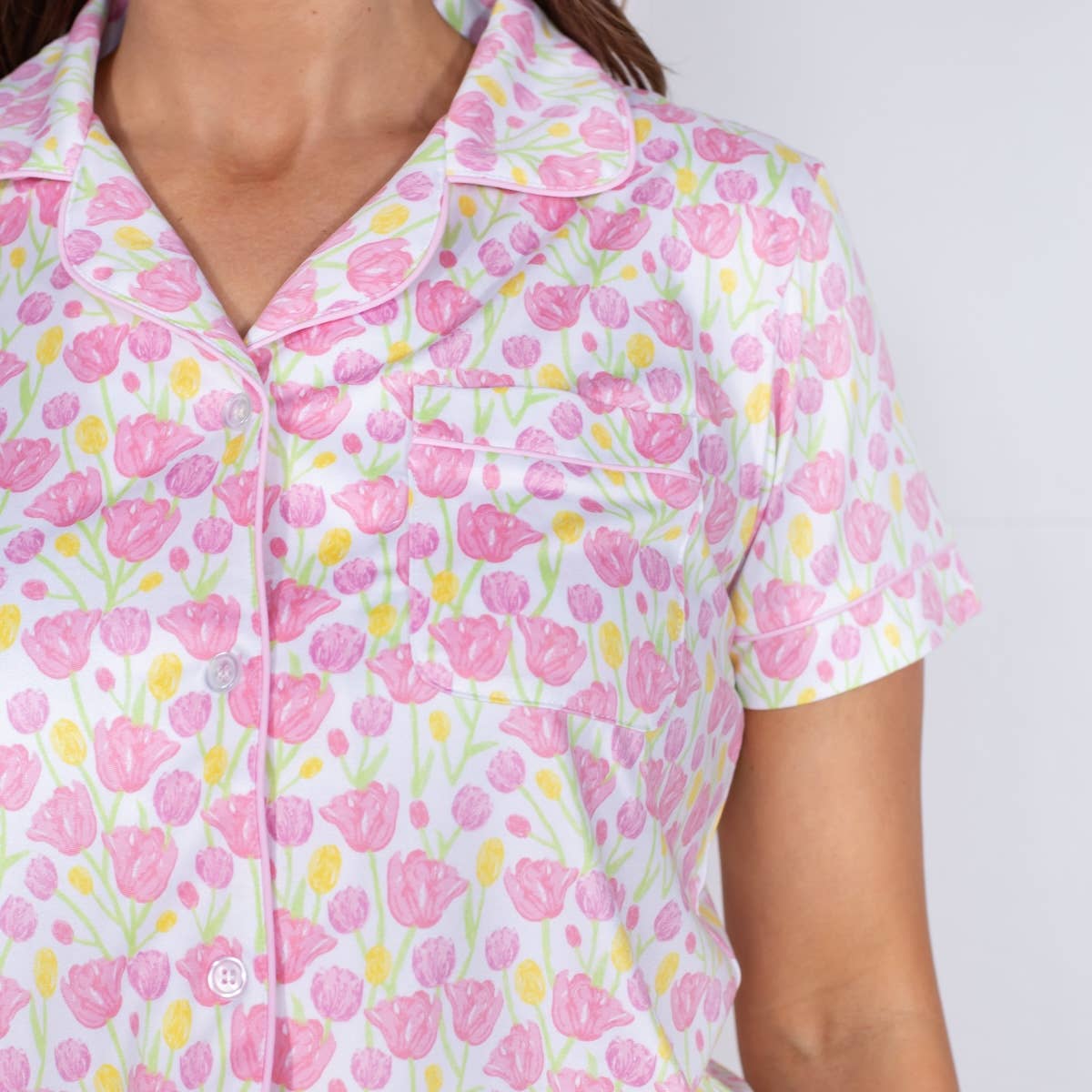 Tulip Fields Short Sleeve Button Up Sleep Shirt: Small