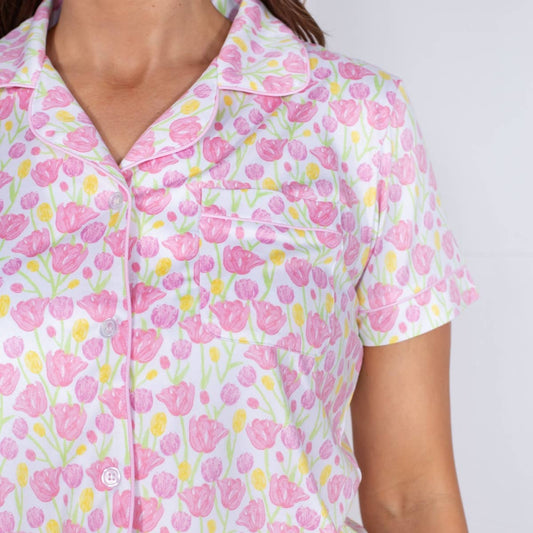 Tulip Fields Short Sleeve Button Up Sleep Shirt: Medium