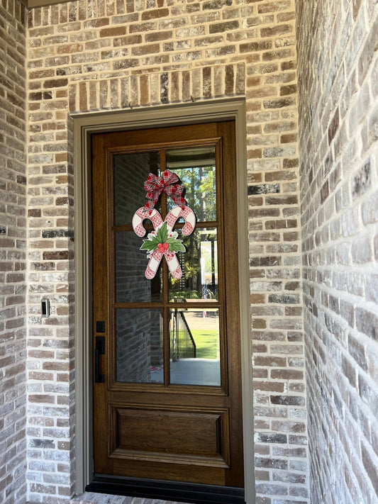 Claire Red Candy Canes Door Hanger: Pink & Red Gingham