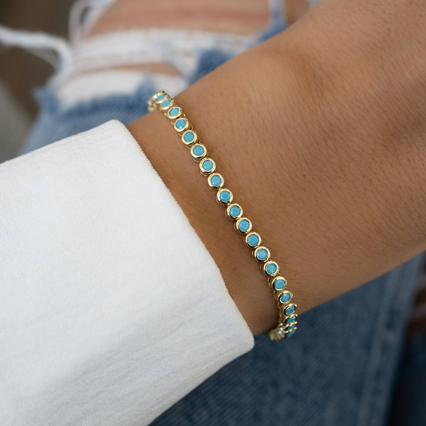 Turquoise Bezel Tennis Bracelet: 6.75" / Gold
