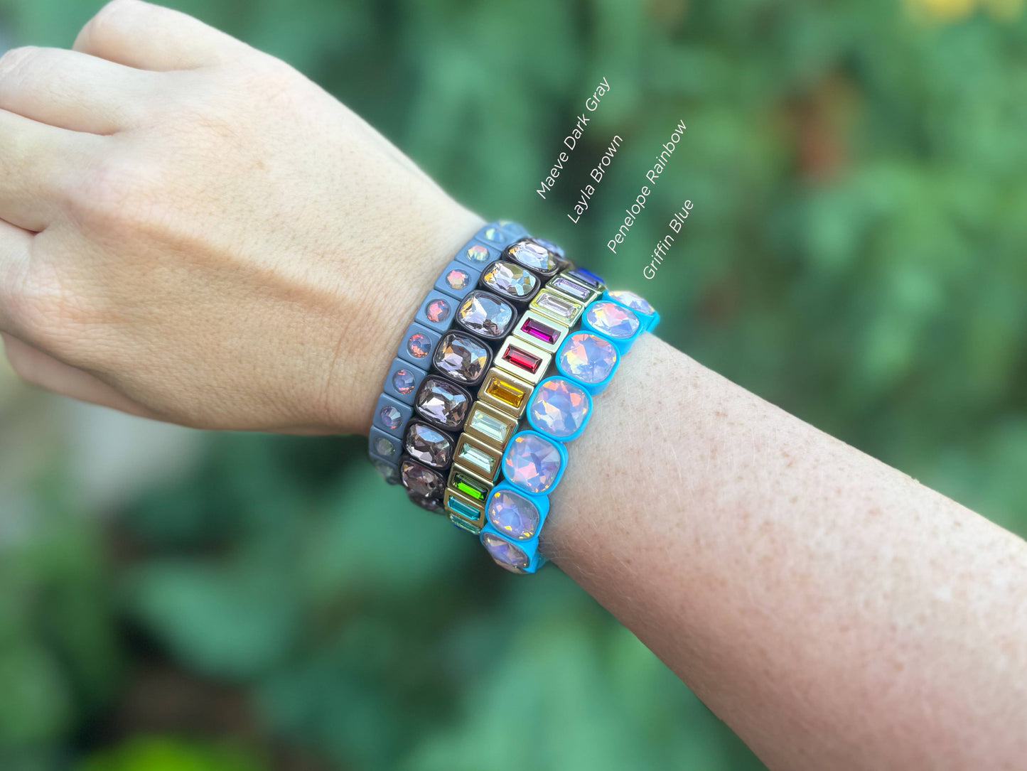Enamel Stretch Bracelet -Gold w/ Rainbow Small Rectangle Stones - Penelope