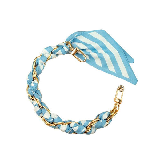 Gold Phone Chain with Scarf Blue and White Stripe - Short: Blue White