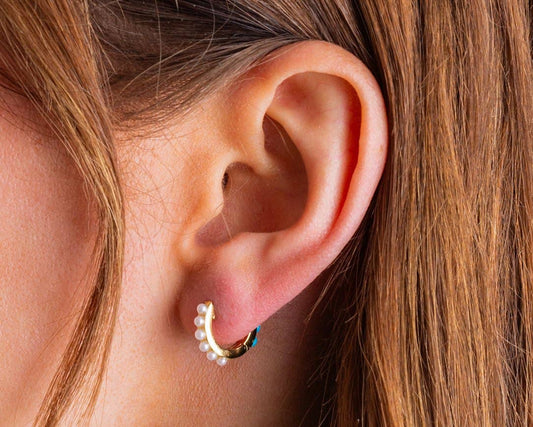 Huggie Earrings - Gold-Plated w/Pearl & Turquoise - Sheridan
