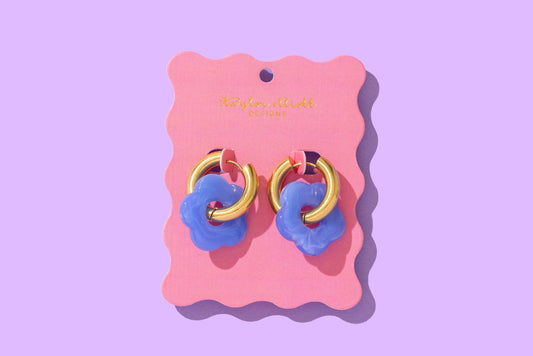 Huggie Earrings - Gold Hoops + Blue Acrylic Flowers - Laurel