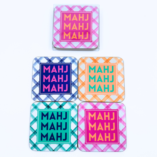 Mahjong Coasters, 4 Set  | Gift or Prize | Green, Pink, Blue, Orange