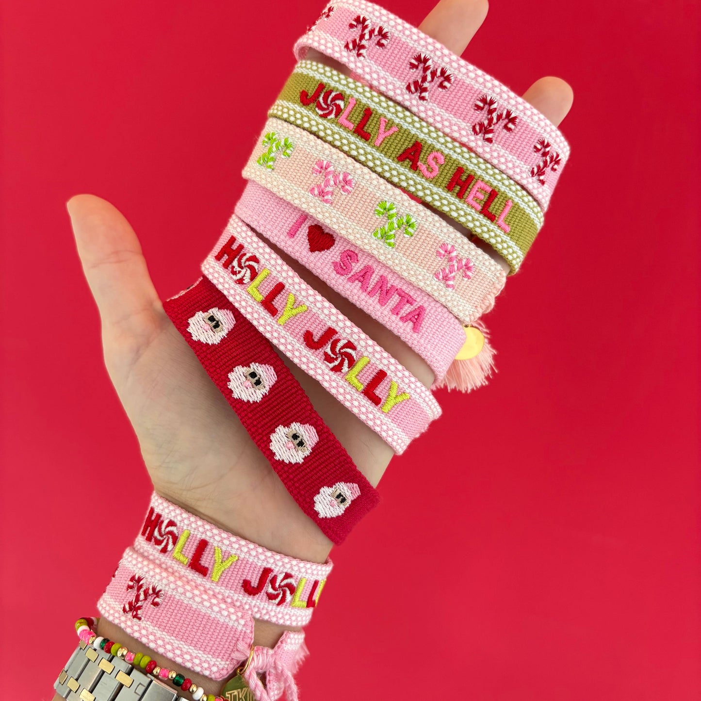 Candy cane lane embroidered tassel bracelet