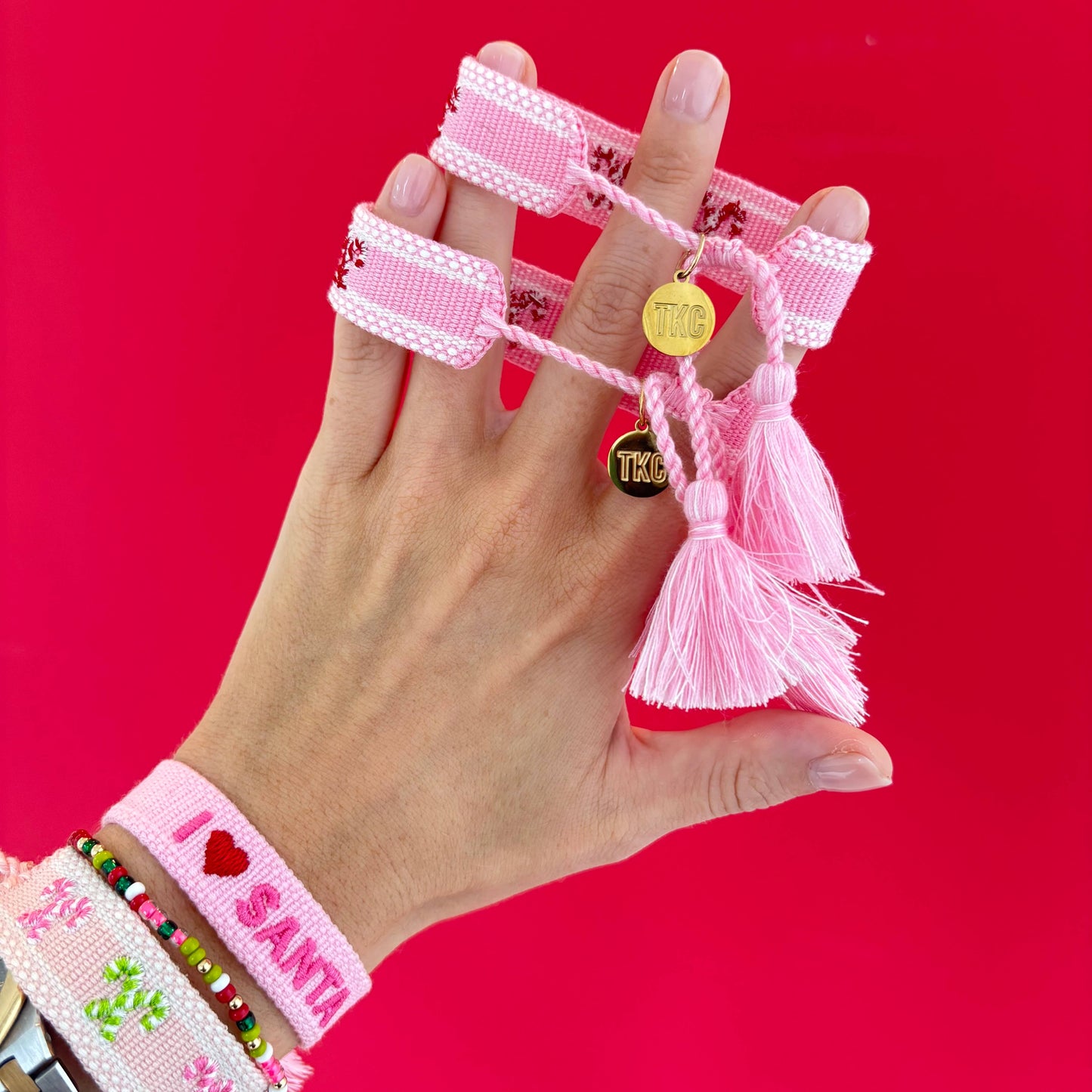 Candy cane lane embroidered tassel bracelet