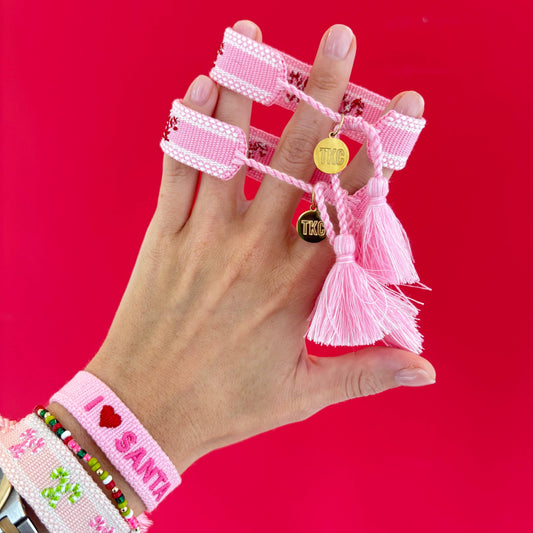 Candy cane lane embroidered tassel bracelet