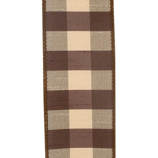 Check Silk Wired Edge Ribbon, Brown, 2-1/2 In, 10 Yards