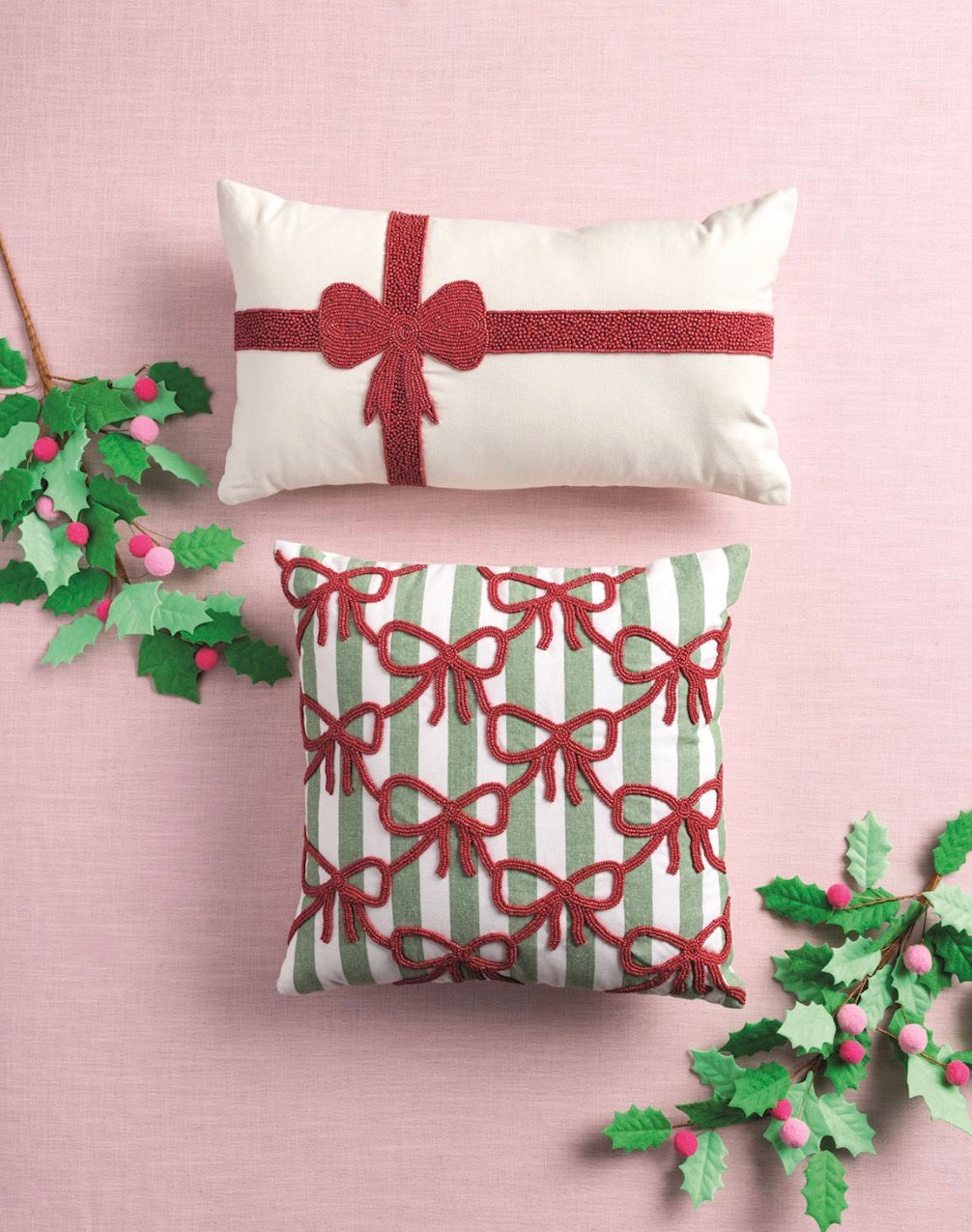 Christmas Bow Beaded Pillow