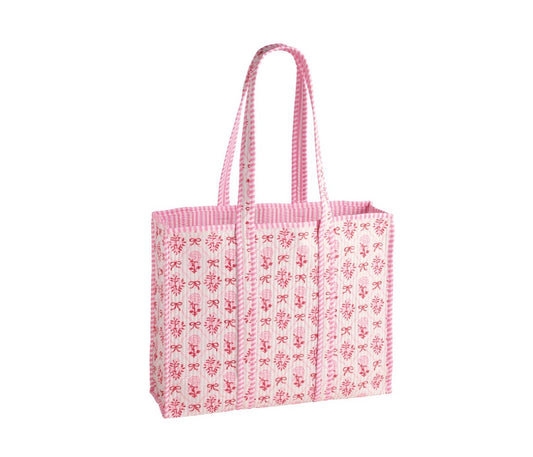 White Bow Bloom Quilted Tote