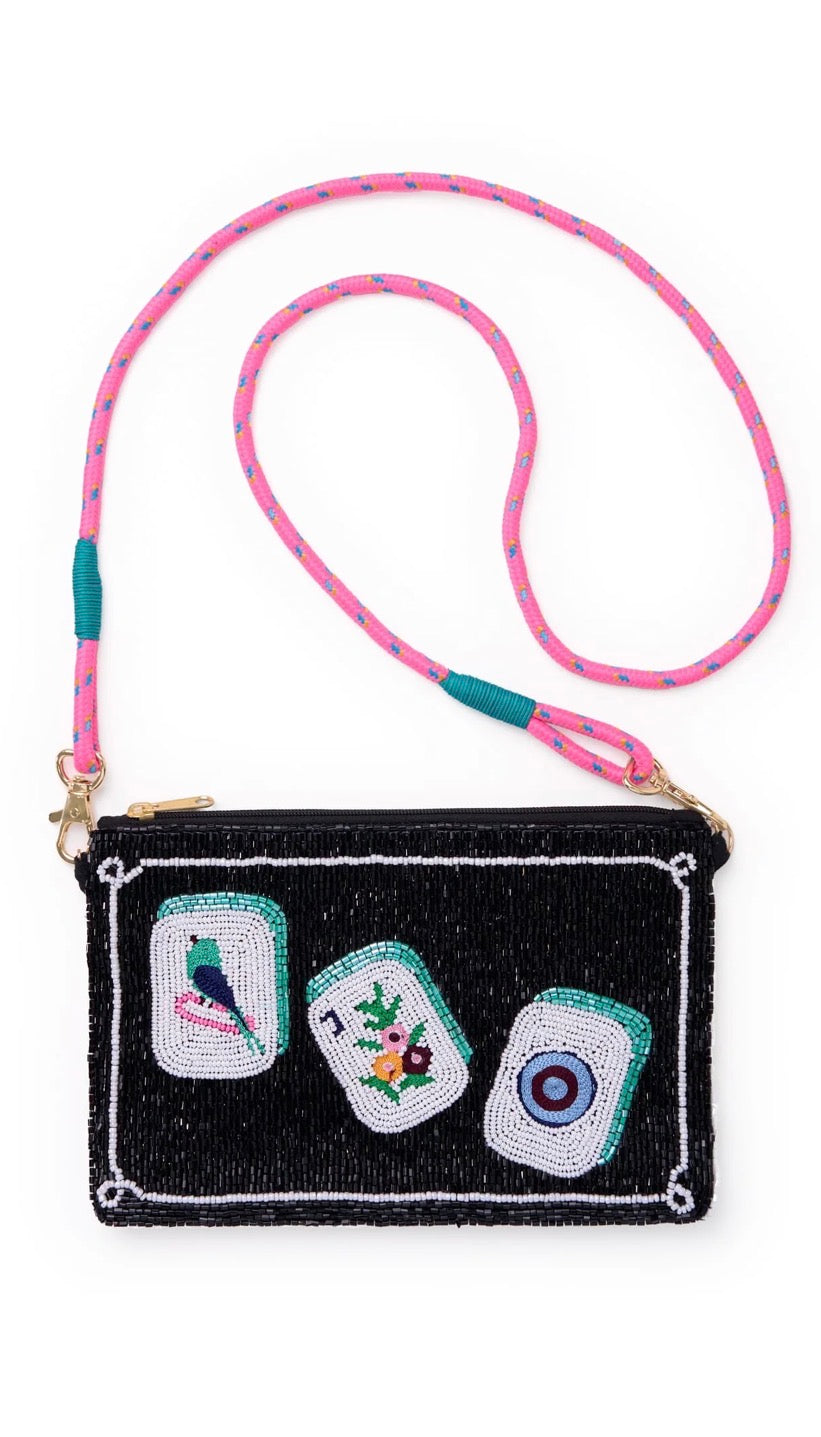 LEILA MAHJONG SEED BEAD CLUTCH WITH STRAP
