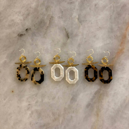 Acrylic Octagon Earrings- Brown Tortoise