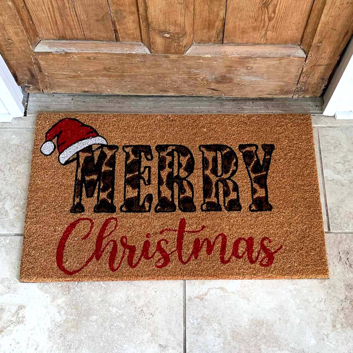 Leopard Merry Christmas Coir Doormat   Natural/Black/Red   30x18