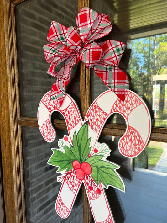 Claire Red Candy Canes Door Hanger: Pink & Red Gingham