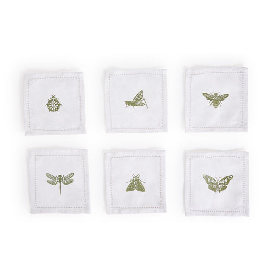 Insect Green and White Embroidered Cocktail Napkins Set of 6
