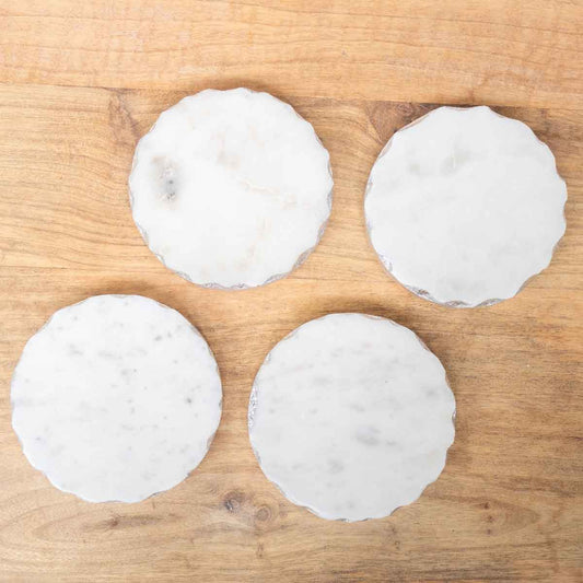 Ferrara Round Marble Coasters   White/Silver   4x4 Set of 4