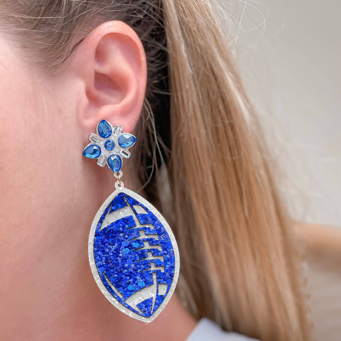 Glitter Football Dangle Earrings - Blue & White