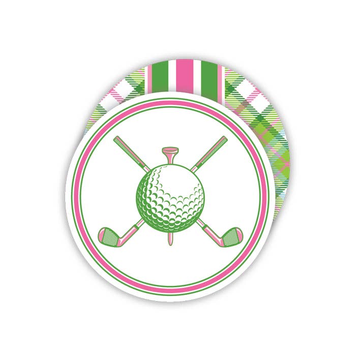 Pink Crossed Golf Clubs with Plaid Round Coaster