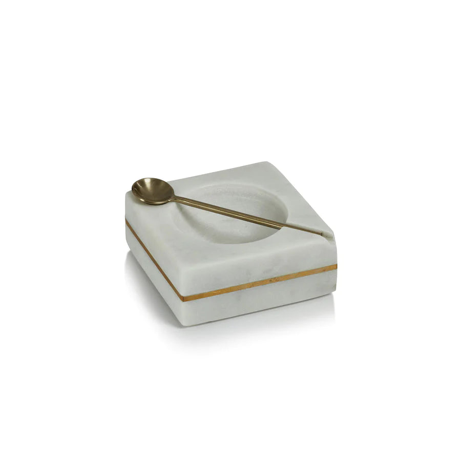 Marble Square Salt & Pepper Bowl w/ Spoon- White