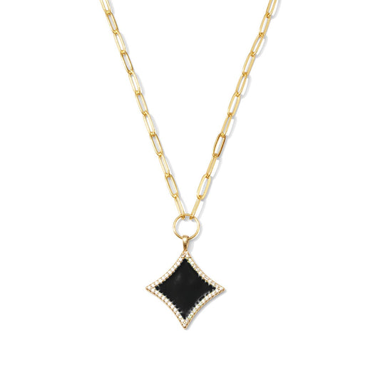 Diamond Pave Pendant Paperclip Chain Necklace: Black