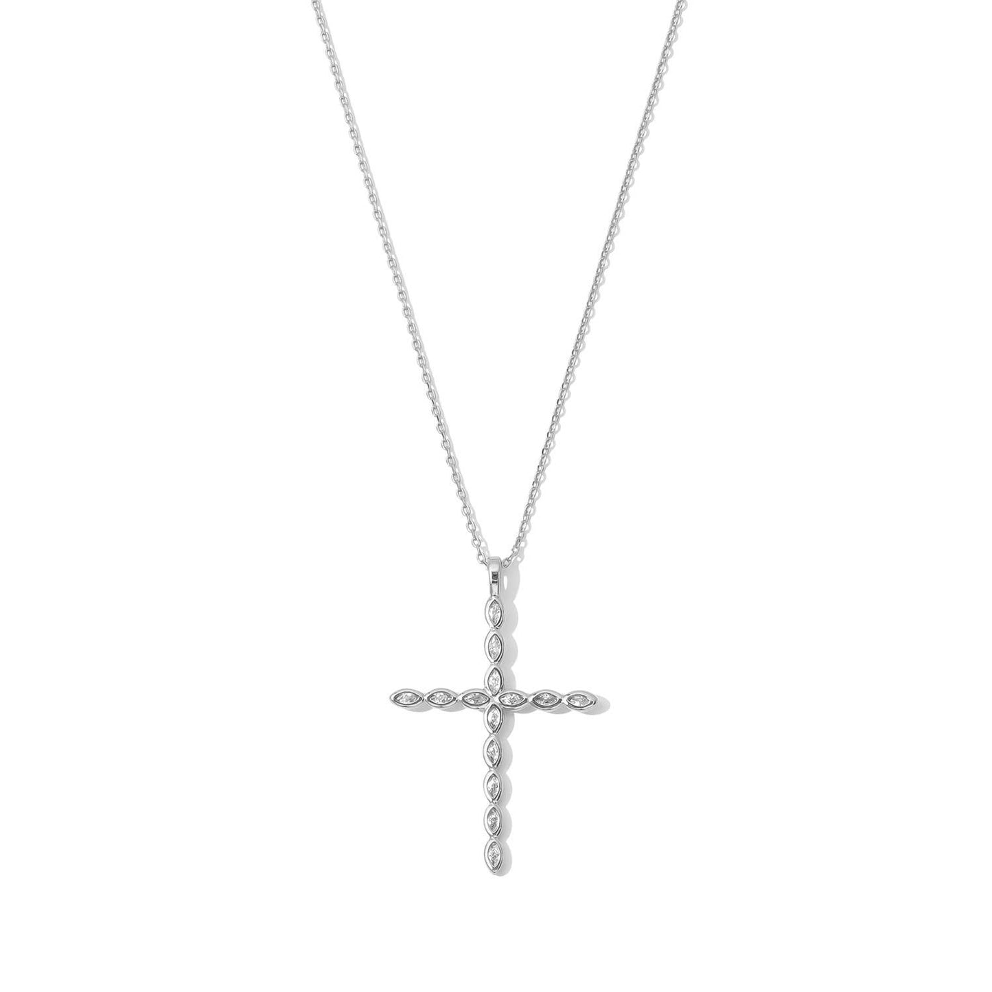 Large CZ Cross Pendant Necklace: Silver