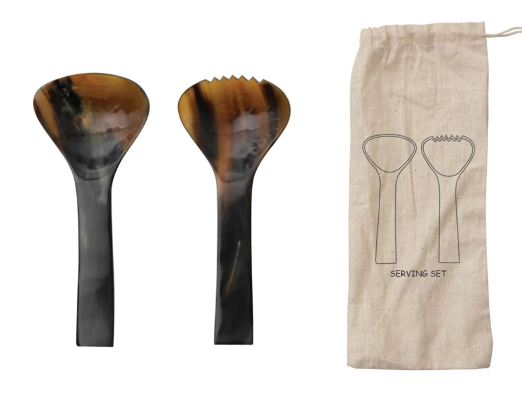 Horn Salad Servers, Set of 2 in Printed Drawstring Bag